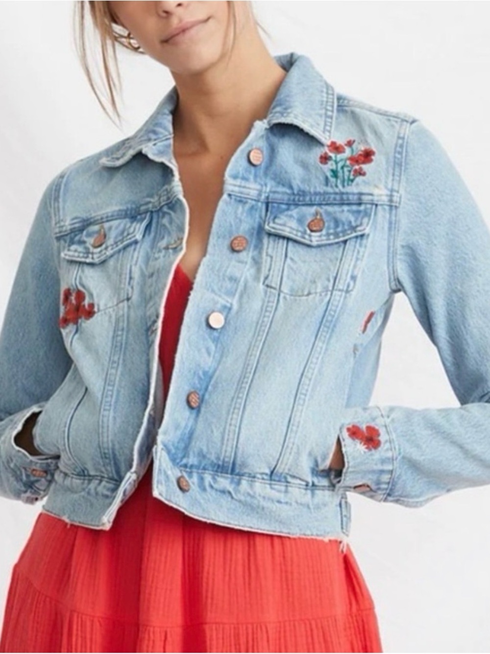 Marine Layer Floral Embroidered Blue Jean Baby Distressed Denim Jacket XS